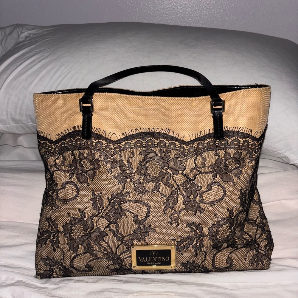Valentino Tan and Black Floral Lace Tote